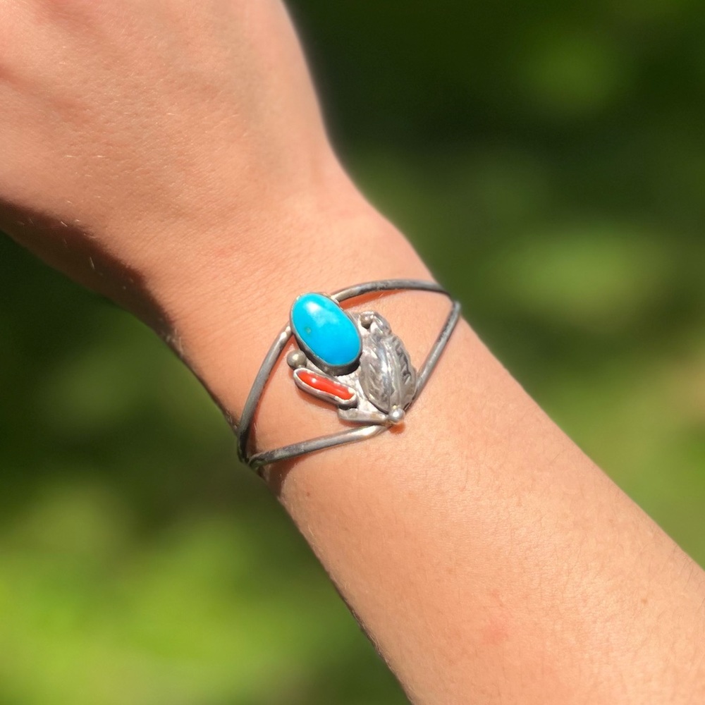 Vintage Red Coral & Turquoise Sterling Silver Cuff - Picture 7 of 16